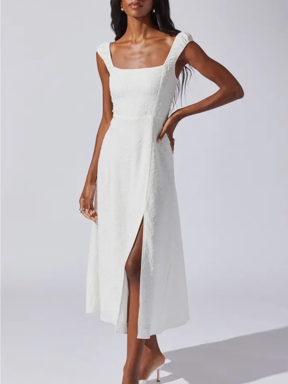 Astr White Crinkle Maxi Dress Square-Neck Midi Dress With Thigh Slit